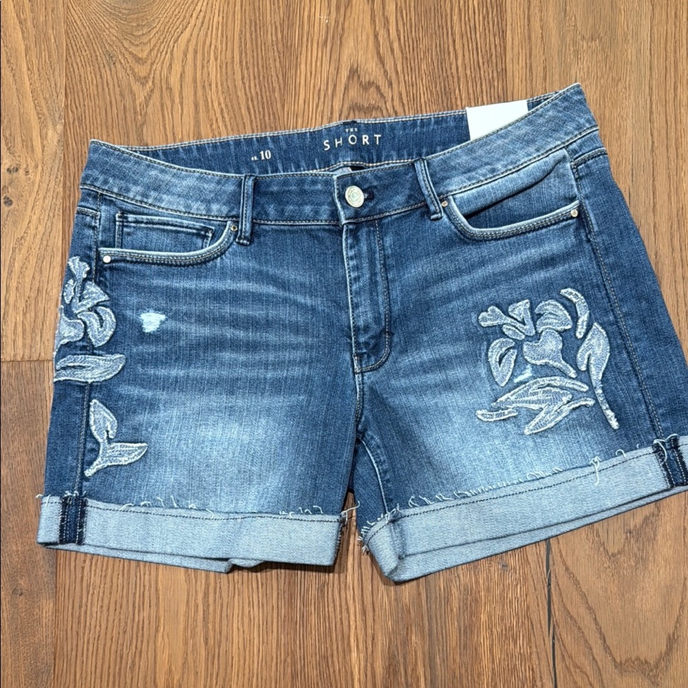White House Black Market Blue Jean Shorts with Floral Embroidery